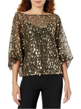 NWT Trina Turk Sequined Boatneck Party Top in Gold